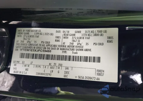 2018 Ford F-150 Xlt из США, поврежденный, VIN 1FTEW1E5XJFC59480